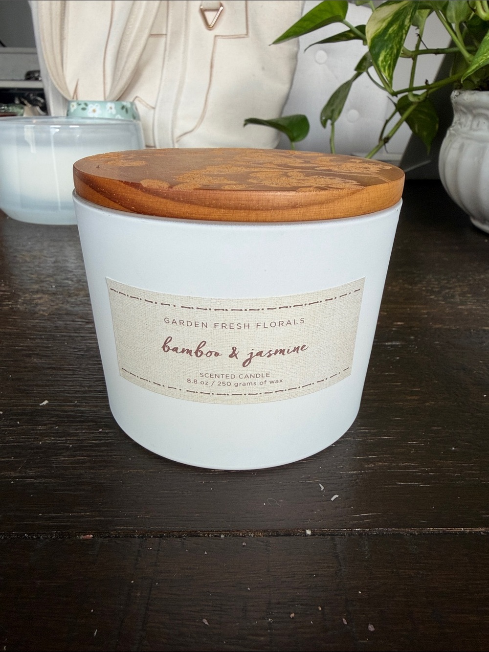 Cost Plus World Market Bamboo & Jasmine Candle in White with Wood Lid